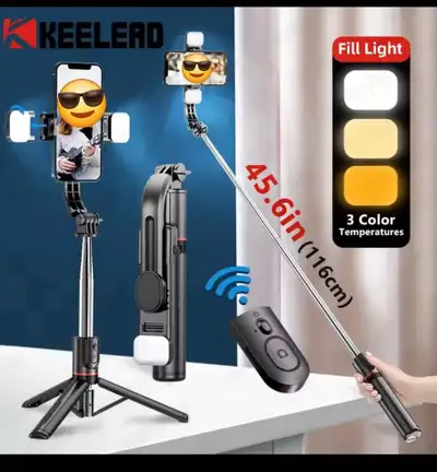 Selfie Stick with Wireless Bluetooth Double Fill Light - New, View more