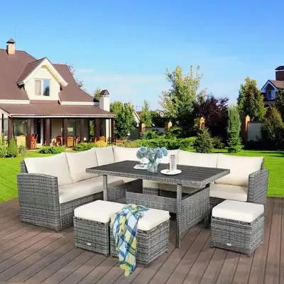 new 7 Pieces Outdoor Wicker Sectional Sofa Set with Dining Table, View more