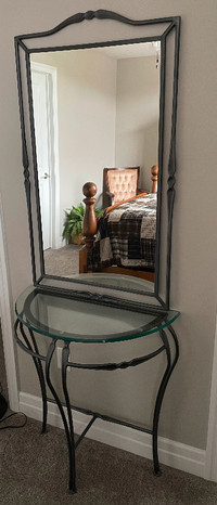 Steel and glass  console table and mirror set / Pewter finish