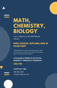 1-on-1 Math, Chemistry, Biology High School Tutoring