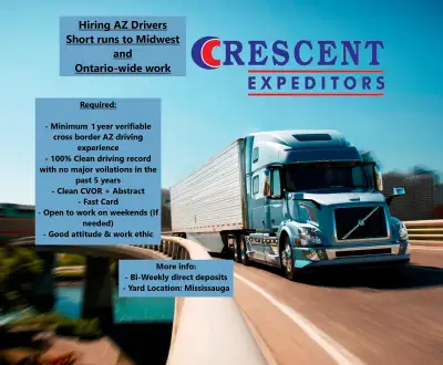 HIRING - AZ Driver for Midwest and Ontario (6-8K per month), View more