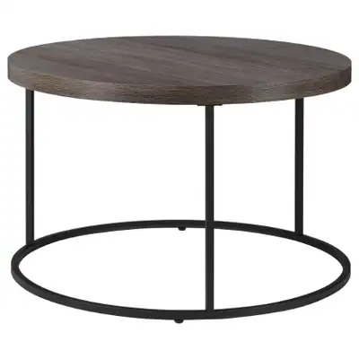 Round grey wood-veneer black metal coffee and end tables, View more