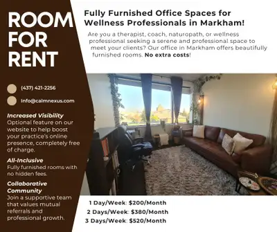 Therapy rooms for rent in Markham. No extra or hidden fees. Ample free parking, each room has large...