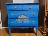 Beautiful Hand Painted Antique Dresser, blue and Gold Peacock 