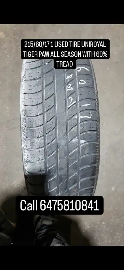 I'm selling a used Uniroyal Tiger Paw all-season tire, size 215/60/17, with approximately 60% tread...