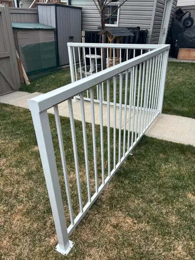 White Aluminum Deck Railing (Around 14.5 Feet) Two Sections - One Section - 8 Feet & 5 Inches - One...