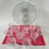 Beautiful Vintage Edged Crystal Glass Punch Bowl Set w 11 cups