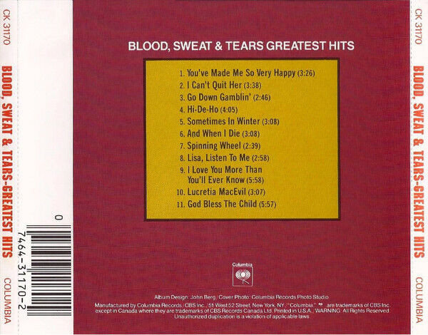 CD-BLOOD,SWEAT & TEARS-GREATEST HITS-1972-REMASTER-USA-RARE dans CD, DVD et Blu-ray  à Laval/Rive Nord - Image 2