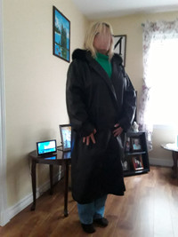 Long Black Genuine Leather Coat with removable hood