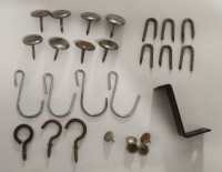 Lot of hooks, staple nails, thumb tacks, bracket - home repairs