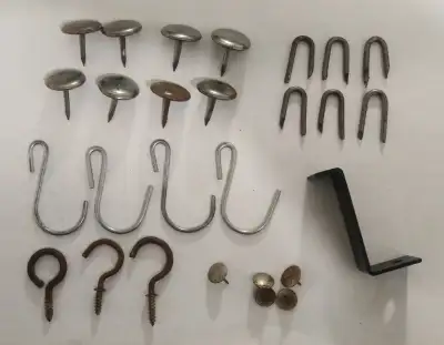 Lot of hooks, staple nails, thumb tacks, bracket - home repairs, View more
