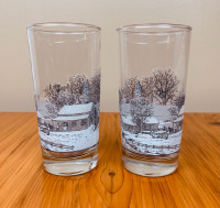 VTG Country Winter Farm Scene Libbey Glasses - Set of 2