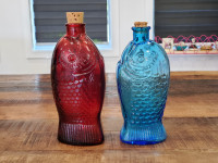 Vintage Blue & Red DOCTOR FISCH'S BITTERS Glass Fish Bottles