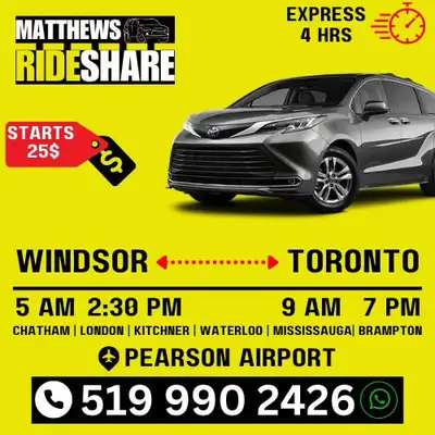 - [ ] ❌MATTHEW’S RideShare ❌ - [ ] 4 Hours Express ❌✈️❌5am and 3pm WINDSOR ↔️ TORONTO 5199902426 ❌✈️...