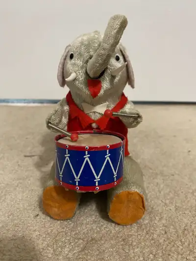 Vintage Plush and Tin Drumming Elephant, View more
