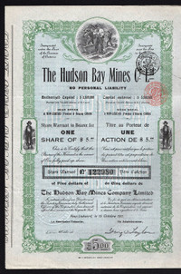 1911 Hudson Bay Mines Company Stock Certificate - free shipping