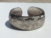 Vintage silver cuff bracelet with koi fish