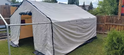 Wall ten/aluminum frame and brackets, I believe it's a 12'x14' deluxe sunforger treated canvas with...