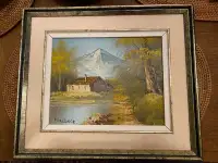 MCM Oil Painting Cabin In The Woods W/ Mountains Signed Wallace