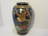 #116 Vtg Japanese Gilded Cobalt Blue Moriage Bird Vase 9.5" Tall