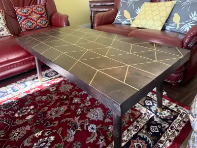 Geometric Coffee Table — Dark Walnut + Gold Inlay Detail, View more