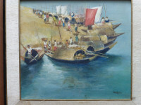Sadeque peinture tableau toile huile artiste bateau eau personne
