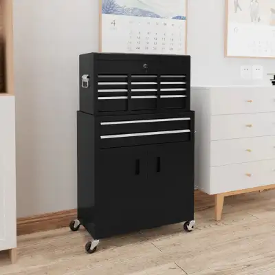 Black 6-Drawer Rolling Tool Chest, 2 in 1 Lockable Storage Cabin, View more