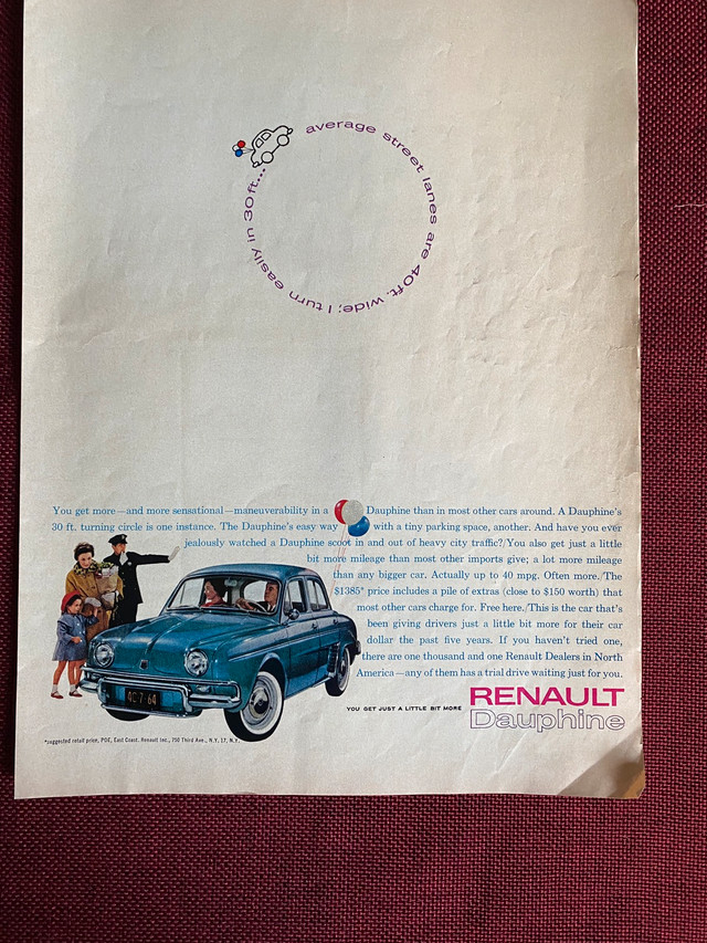 1961 Renault Dauphine Original Ad in Arts & Collectibles in North Bay