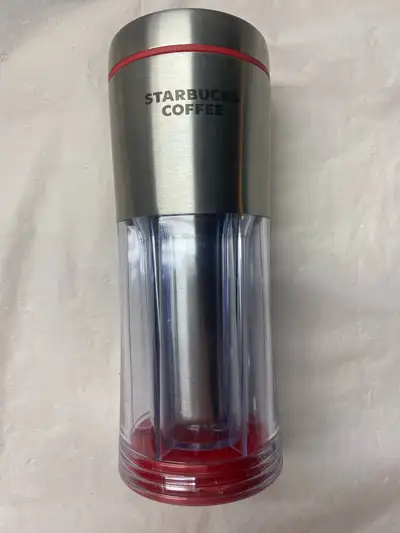Silver/clear 10 ounce stainless steel Starbucks travel mug with slots on the side to insert the Star...