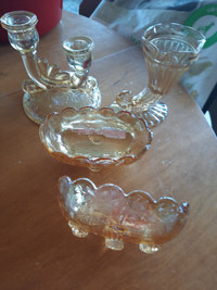 DEPRESSION GLASS PINK  DOUBLE CANDLE HOLDER, 2 DISHES 4 PIECES