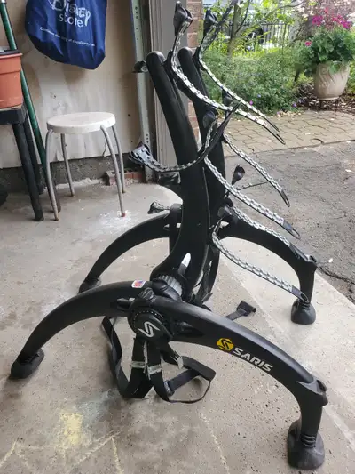 Bike rack that attaches to back of car and can hold up to 3 bikes. Excellent bike rack and like new....