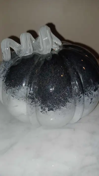 6"D Hand-blown Art Glass Black and White Halloween Pumpkin Decor, View more