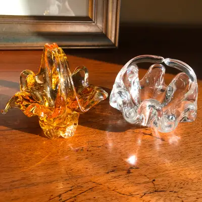 - Vintage Chalet Art Glass Bonbonierre also referred to as Whimsies in Gold Amber Colour. These litt...