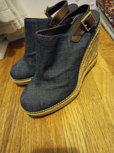 Tory Burch vintage denim mules wedge heels Size 9, View more