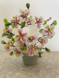 Vintage Chinese Pink & Jade Stone Glass Bonsai Flower W/ Yellow