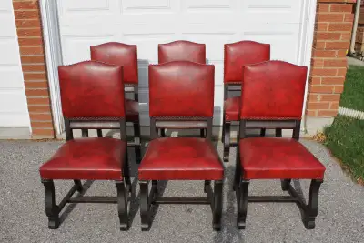 Six Red Leather Gothic Dining Chairs, View more