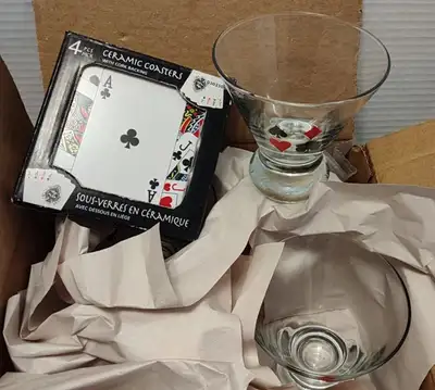 CARD PARTY!  6 Cocktail Glasses with a box of 4 Ceramic Coasters, View more