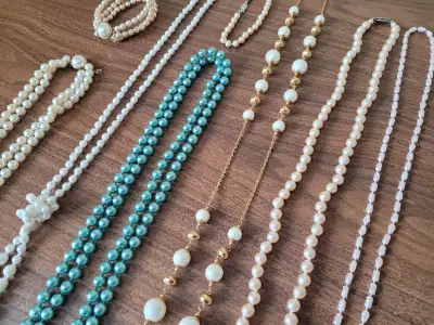 Collection of vintage faux pearl necklaces and bracelets. $10 each or everything for $50