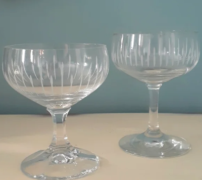 Pair of vintage crystal etched champagne glasses, View more