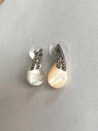 Vintage Sterling Silver, Marcasite, and Mother of Pearl Earrings