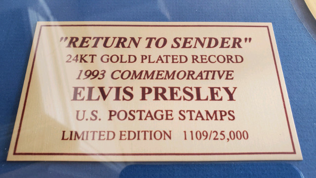 1993 Elvis Return to Sender US Postage Stamps + Gold Record in Arts & Collectibles in Kitchener / Waterloo - Image 2