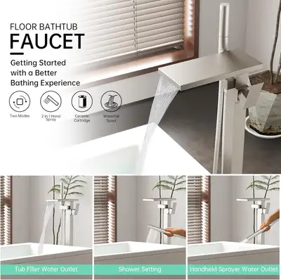 Hoimpro Freestanding Bathtub Faucet Waterfall Tub Filler Brushed Nickel Floor Mount Brass Single Han...