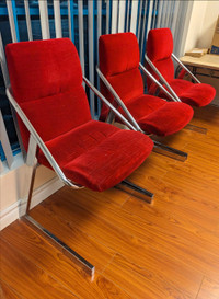 Red Velvet Mid-Century Modern Lounge Chairs 