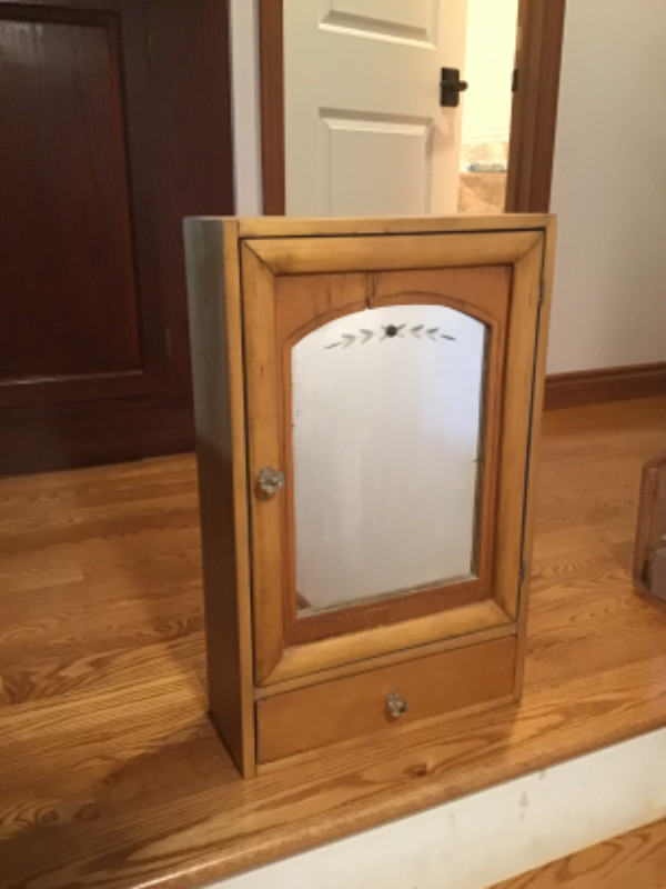 Antique Pine Wall Cabinet with etched glass mirror in Storage & Organization in Oshawa / Durham Region