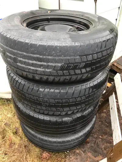 4 used tires and rims , good condition, use to fit a 2013 ford Ranger . Price is $ 50 for all 4 tire...