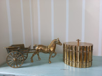 Vintage Mid-Century Brass Horse with Cart and Italian Brass Box