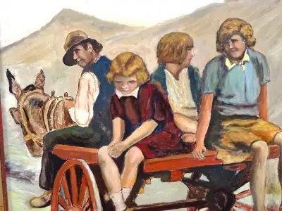 antique painting FAMILY on DONKEY CART oil on board SOUTH AFRICAN? … charming antique painting of fa...