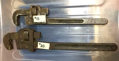 2 vintage heavy Mechanic's monkey wrenches. 1 is # 18 - 17" long. Other is # 14 - 14" long. Wearing...