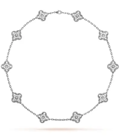LuxCorner Custom Made Van Cleef and Arpels Vintage 10 Motifs Diamond Necklace White Gold, Diamond Pa...