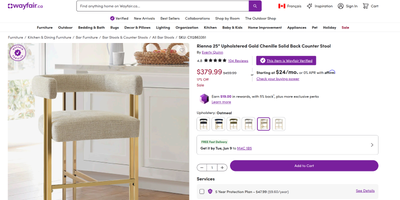 Rienna 25" Upholstered Gold Chenille Solid Back Counter Stool, View more